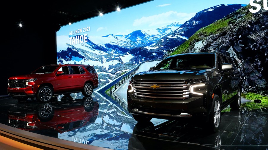 2021 Chevy Tahoe and Suburban on display at an auto show