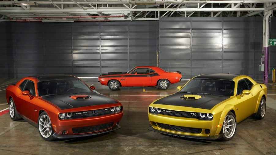 Dodge Challenger in warm colors like orange, yellow, and red