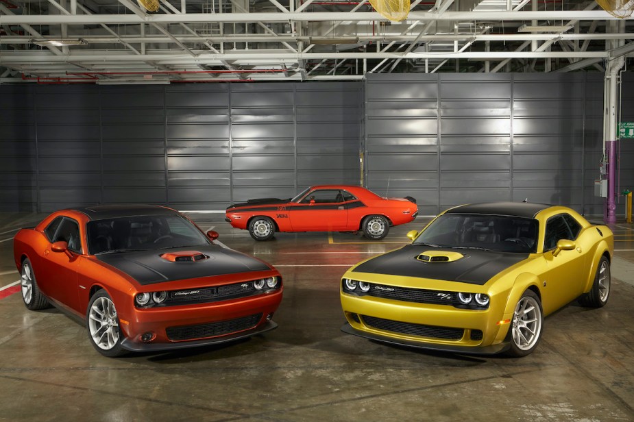 Dodge Challenger in warm colors like orange, yellow, and red