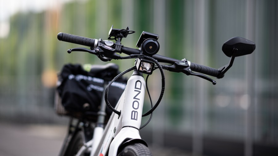An e-bike from Bond Mobility is parked during a press appointment of Free Now and Bond Mobility