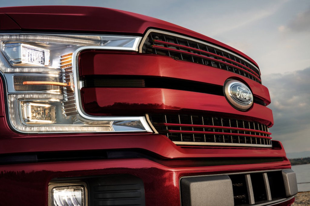 closeup view of a red grille on the 2020 Ford F-150 pickup truck