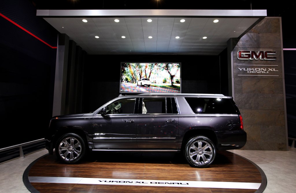 A GMC Yukon XL Denali on display at an auto show