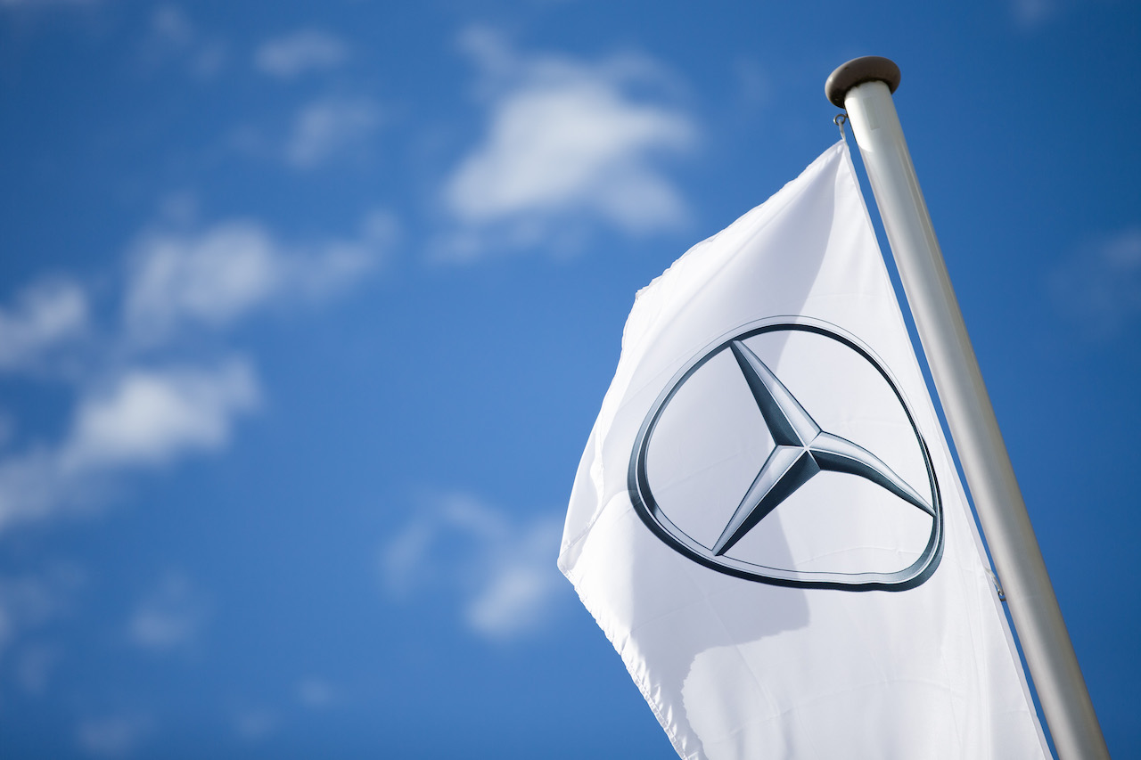 A close up image of the Mercedes-Benz logo