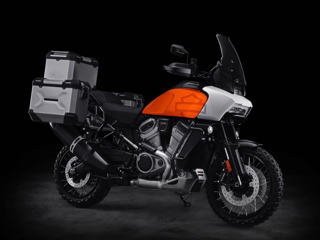 The orange-tanked Harley-Davidson Pan America concept with hard-sided luggage