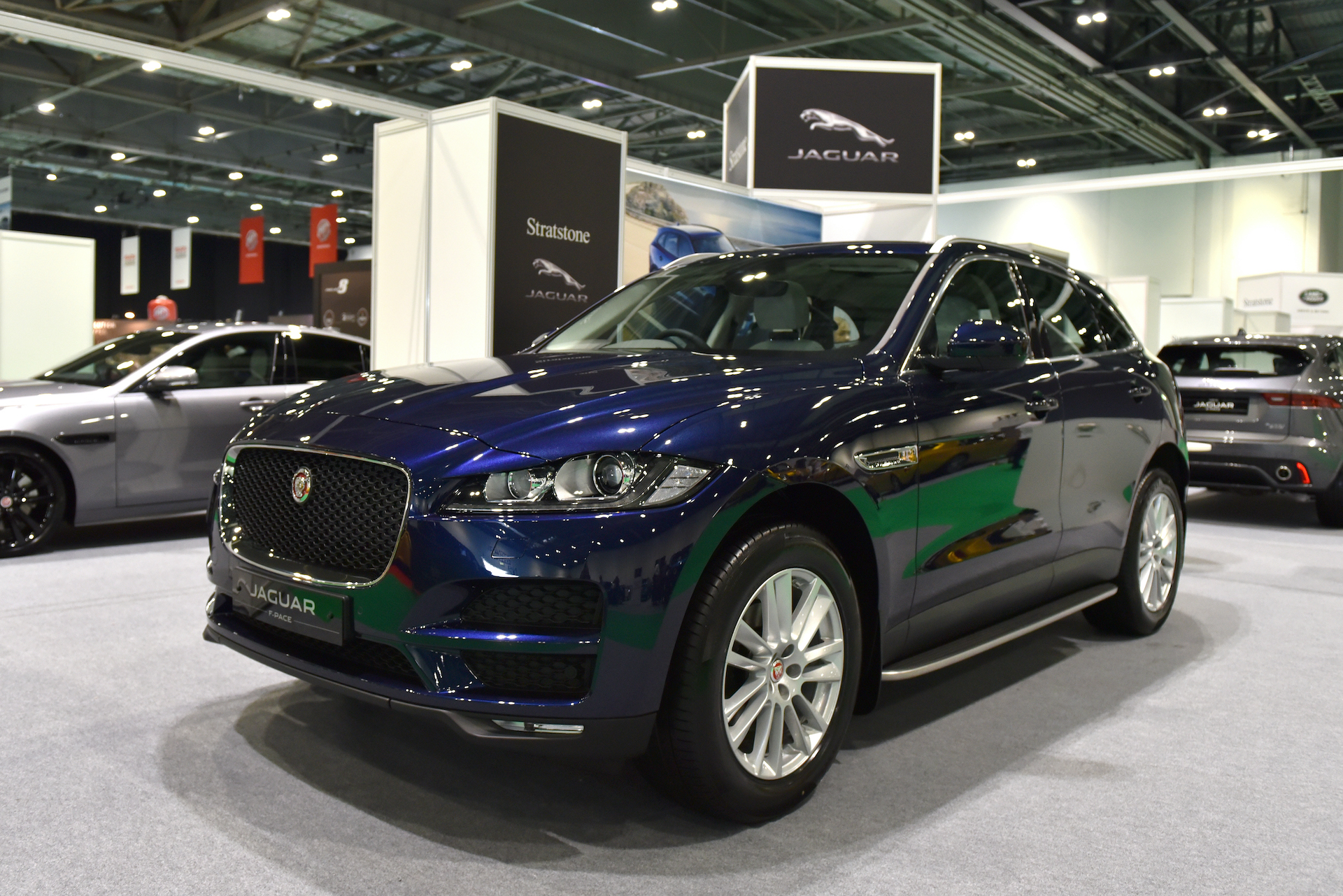 A Jaguar F-Pace SUV is displayed during the London Motor and Tech Show