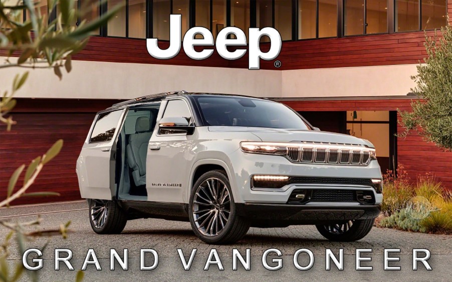 A white Jeep Grand Wagoneer Photoshopped to have sliding rear doors