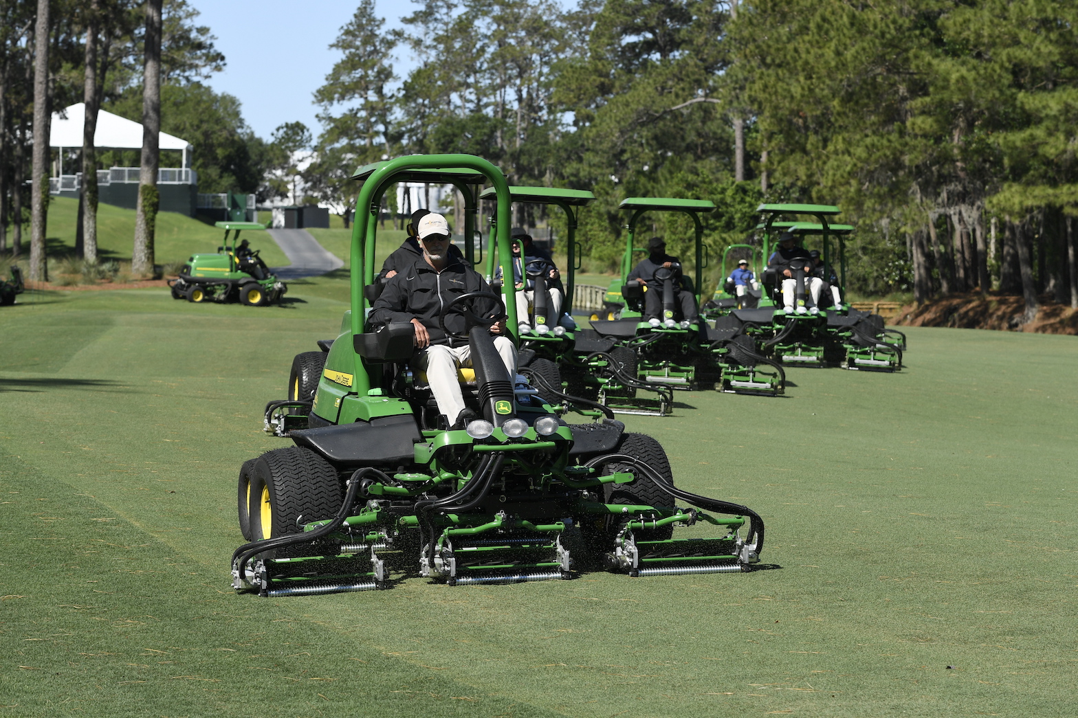 Fairway lawnmowers are seen during previews prior to the start of THE PLAYERS Championship