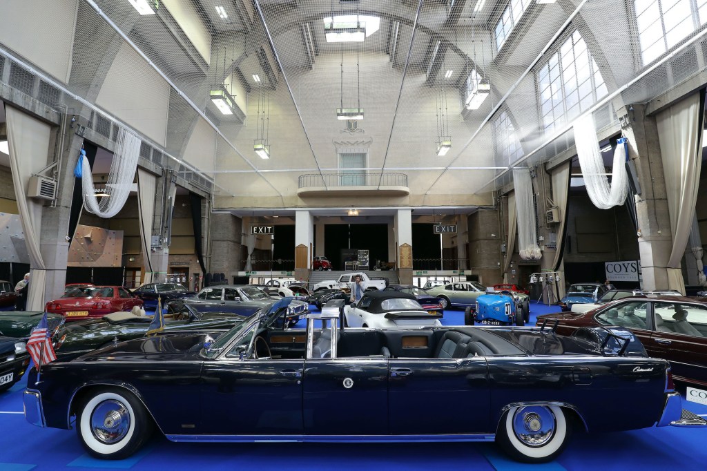 A 1963 Lincoln Continental Limousine Cabriolet on display during a preview for the upcoming Coys Spring Classics auction at the Royal Horticultural Society's Lindley Hall in London
