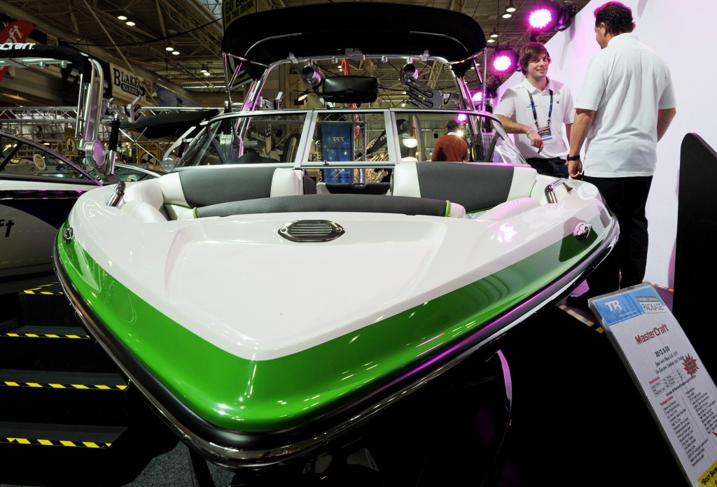 A Mastercraft X30 boat is displayed at the Sydney International Boat Show