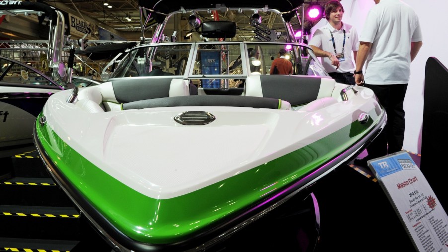 A Mastercraft X30 boat is displayed at the Sydney International Boat Show