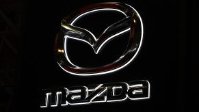 A Mazda logo is pictured during the Tokyo Auto Salon in Tokyo