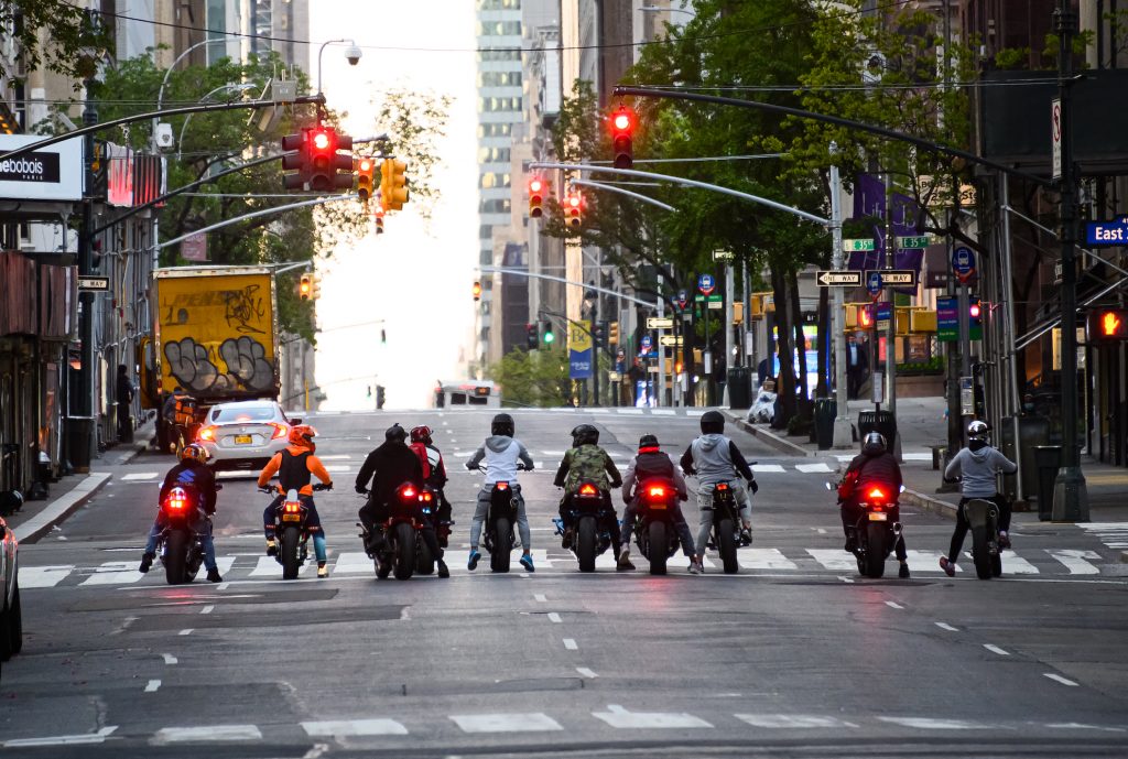 Bikers are seen in midtown during the coronavirus pandemic