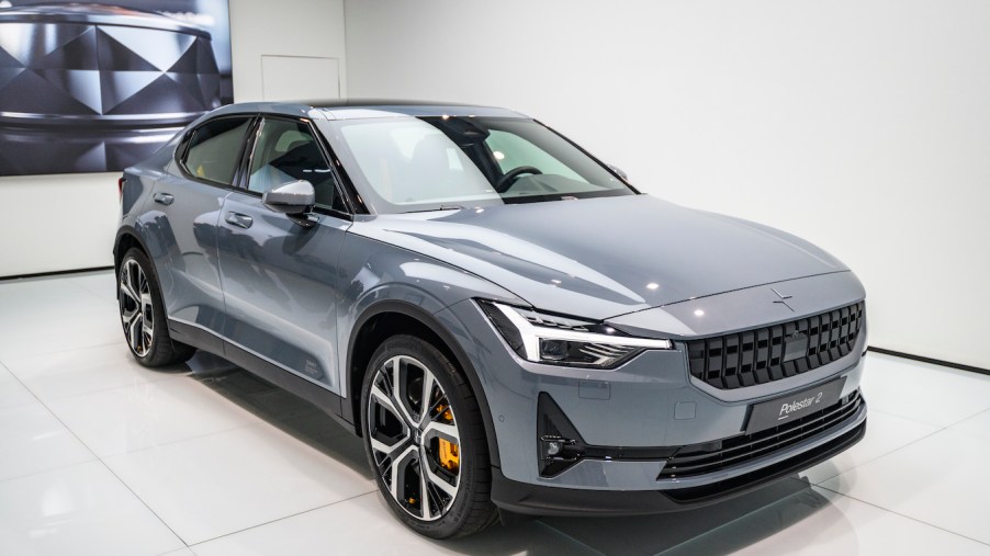 Polestar 2 all-electric 5-door fastback car in grey on display at Brussels Expo