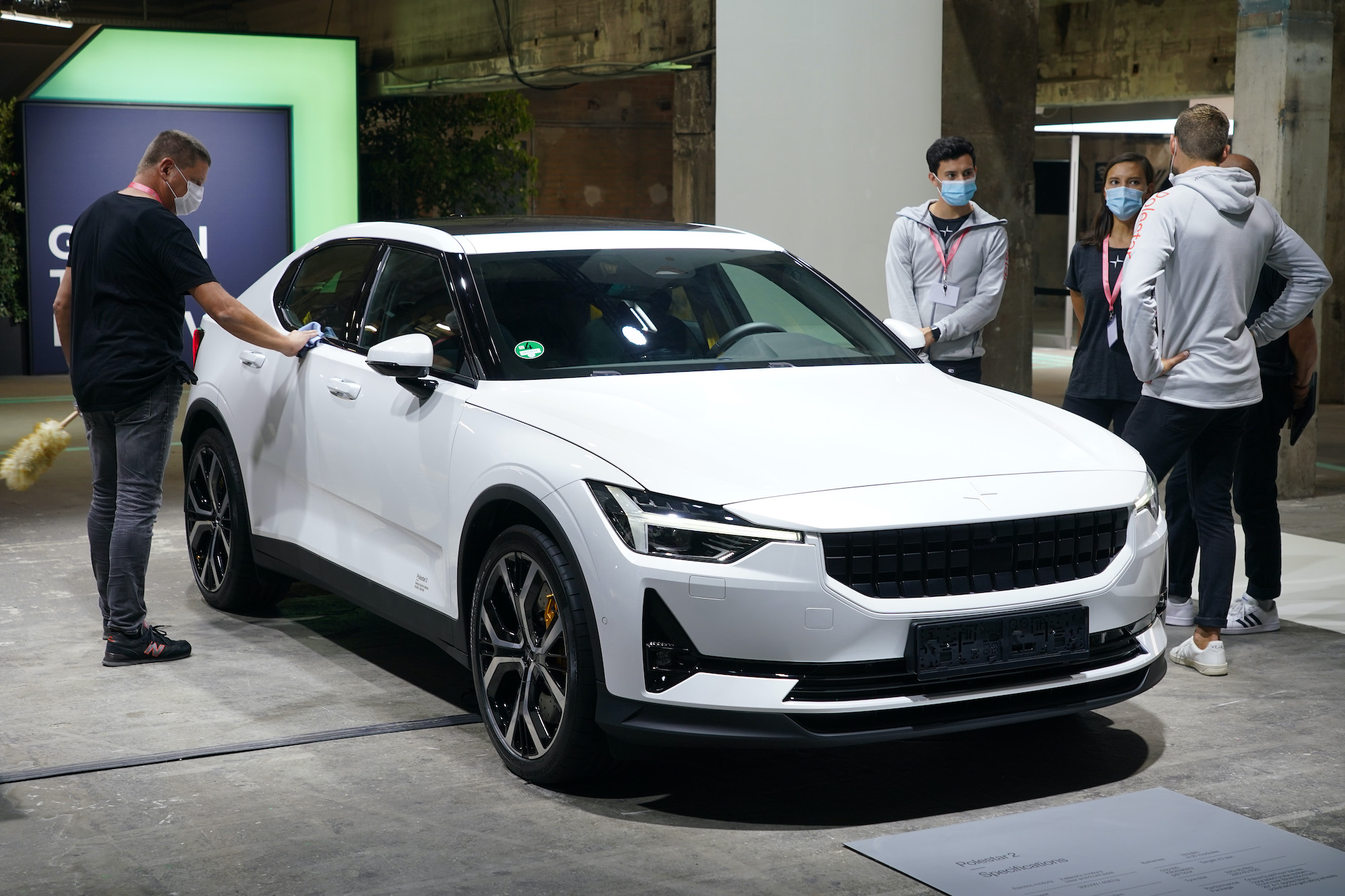 A Polestar 2 electric car stands on display at a press preview at the Greentech Festival