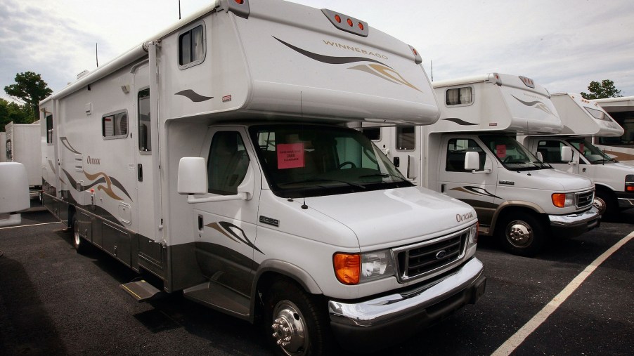 Winnebago Outlook motor homes are offered for sale at the Camp-Land RV dealership