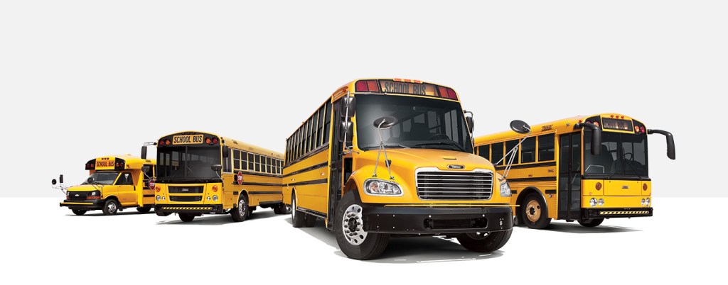 Several different styles of yellow buses built by the Thomas Built Buses Company