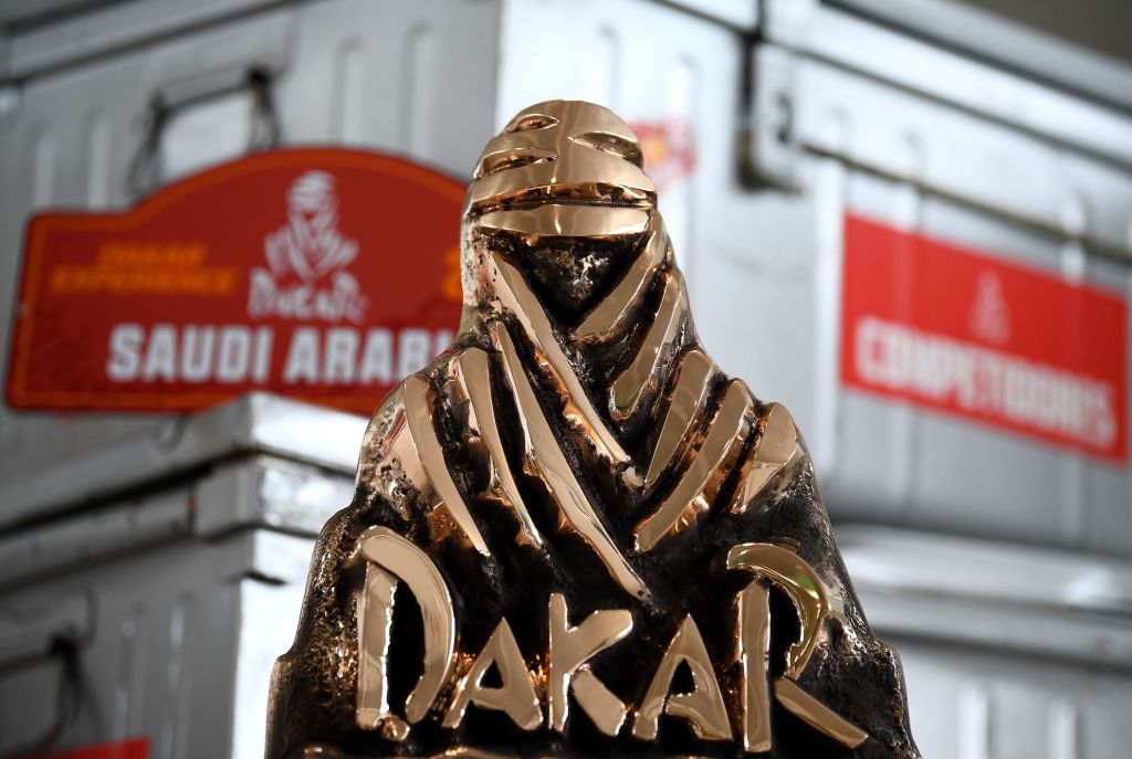 A picture taken in Paris on June 10, 2020 shows a trophy of the Dakar Rally. - The Dakar Rally will take place in Saudi Arabia