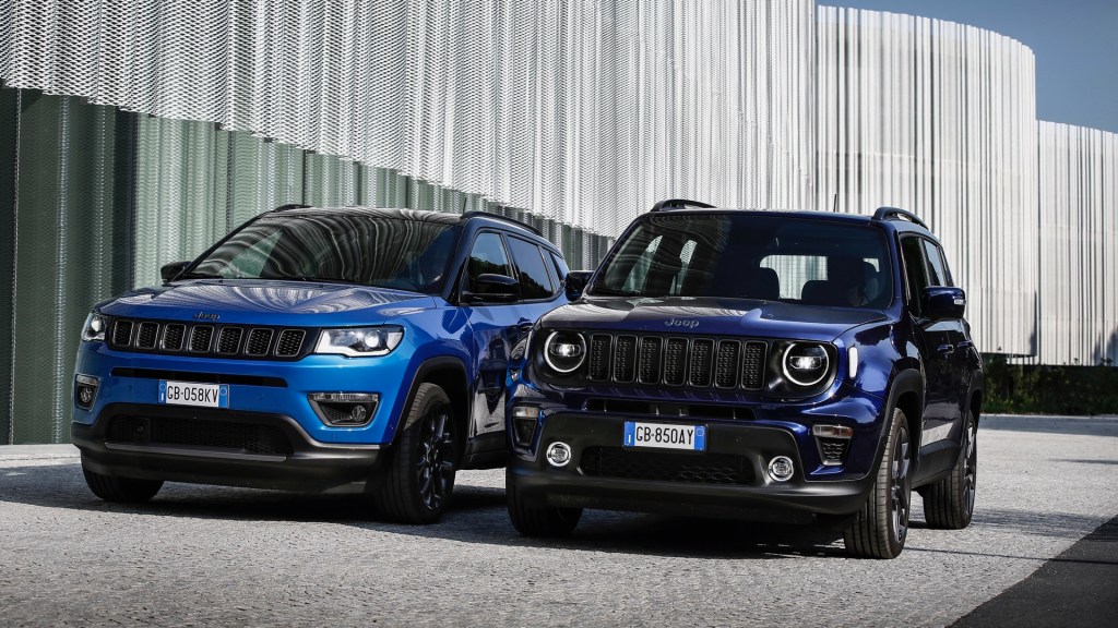 Hybrid Jeep Compass 4xe and Jeep Renegade parked on street