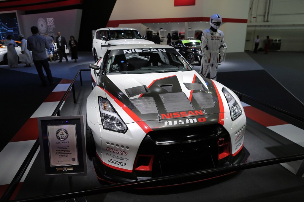 GTR Nismo of Nissan is displayed during Dubai International Motor Show 2017 