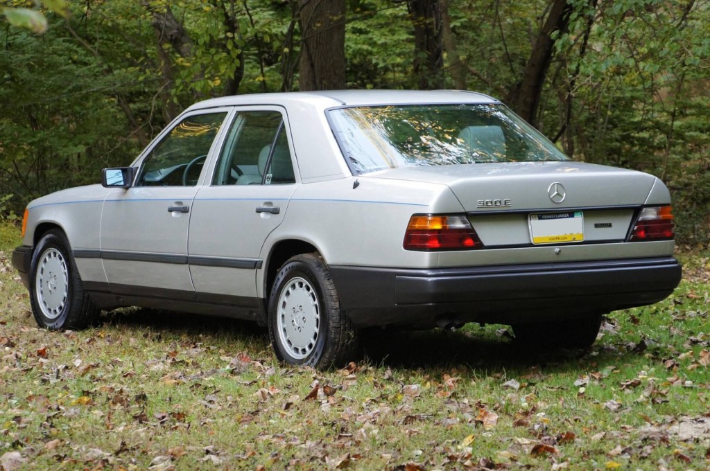 The rear 3/4 view of a silver 1986 W124 Mercedes-Benz 300E in the forest