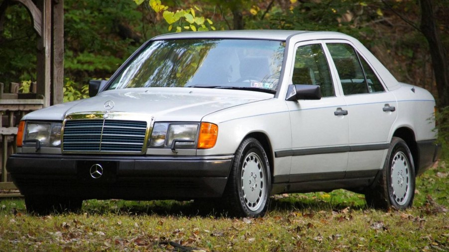 A silver 1986 W124 Mercedes-Benz 300E in the forest