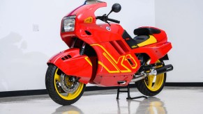 A red-and-yellow 1990 BMW K1
