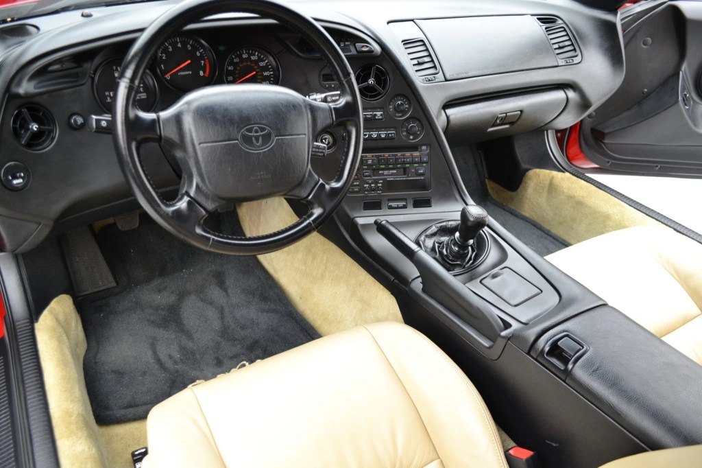 The tan-leather-upholstered interior of the 1994 Toyota Supra Turbo