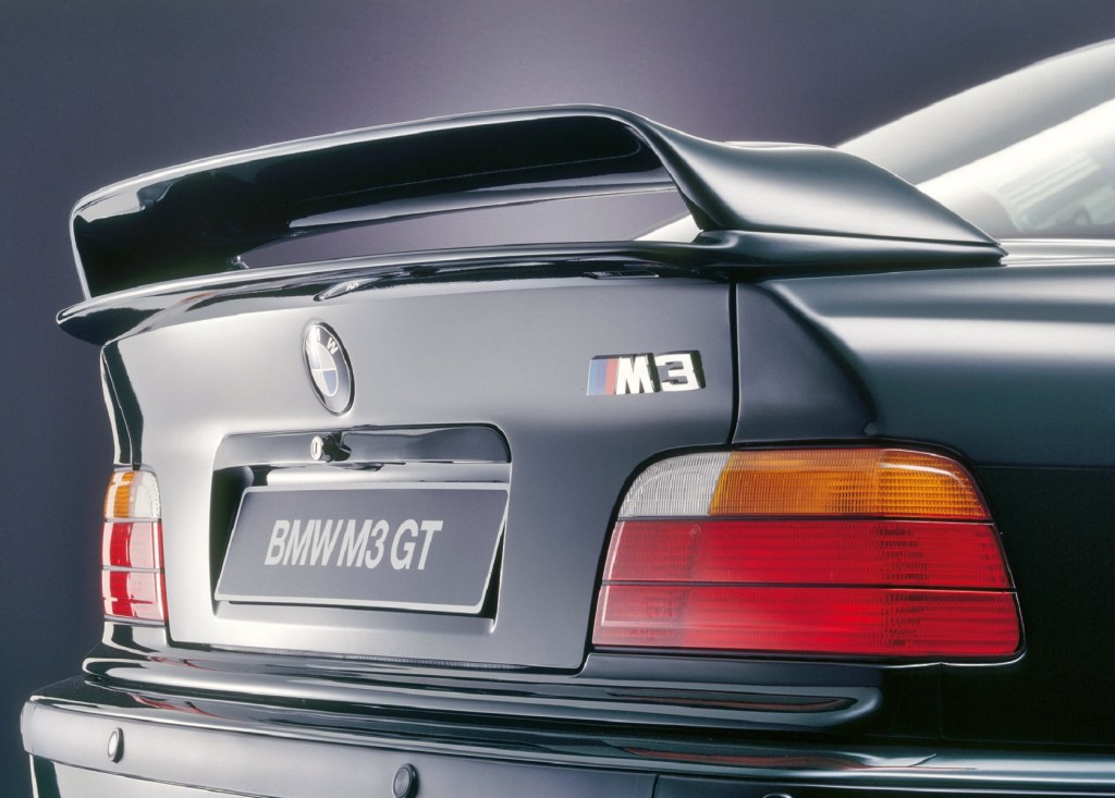 The green 1995 BMW E36 M3 GT's rear wing