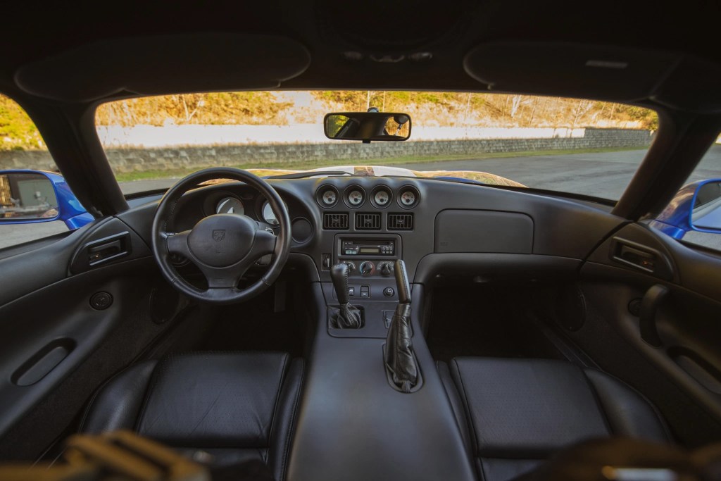 The black interior of a 1996 Dodge Viper GTS