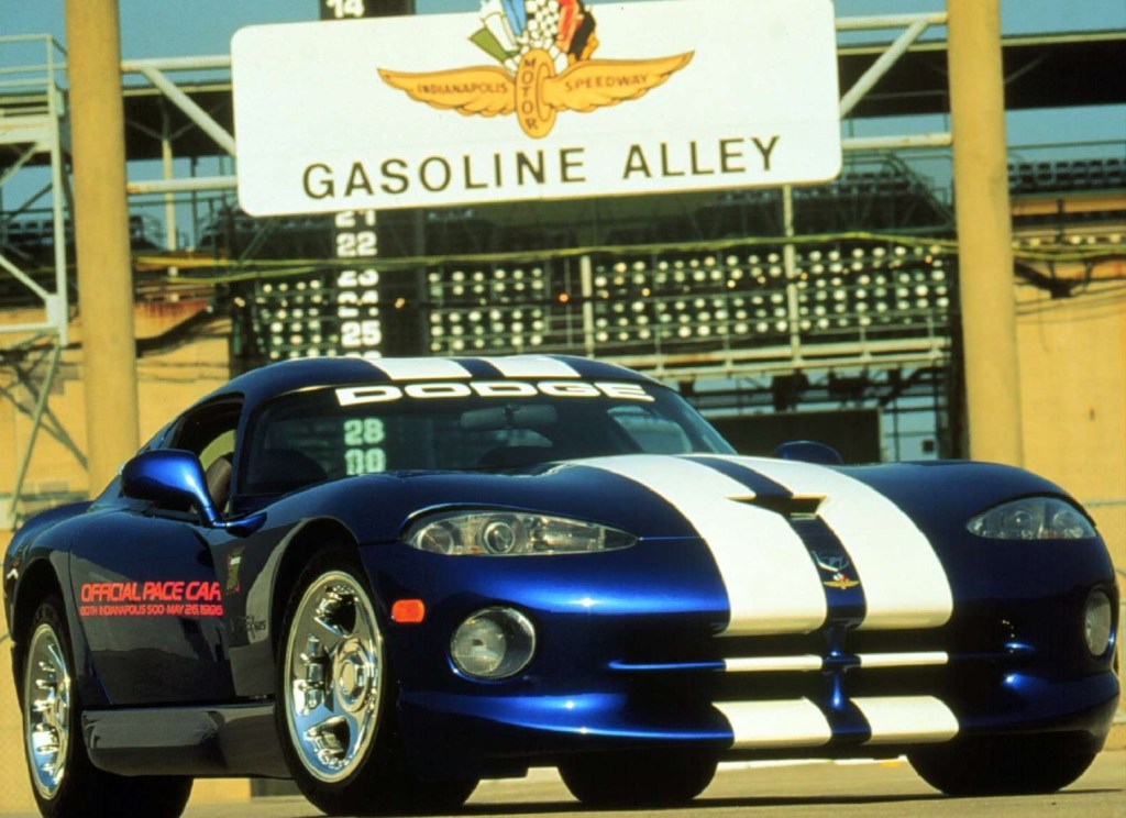 A blue-and-white 1996 Dodge Viper GTS at the Indy 500
