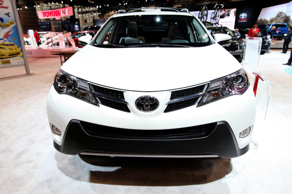 A 2015 Toyota RAV4 on display at an auto show