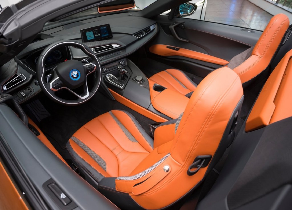 The orange-leather interior of the 2019 BMW i8 Roadster