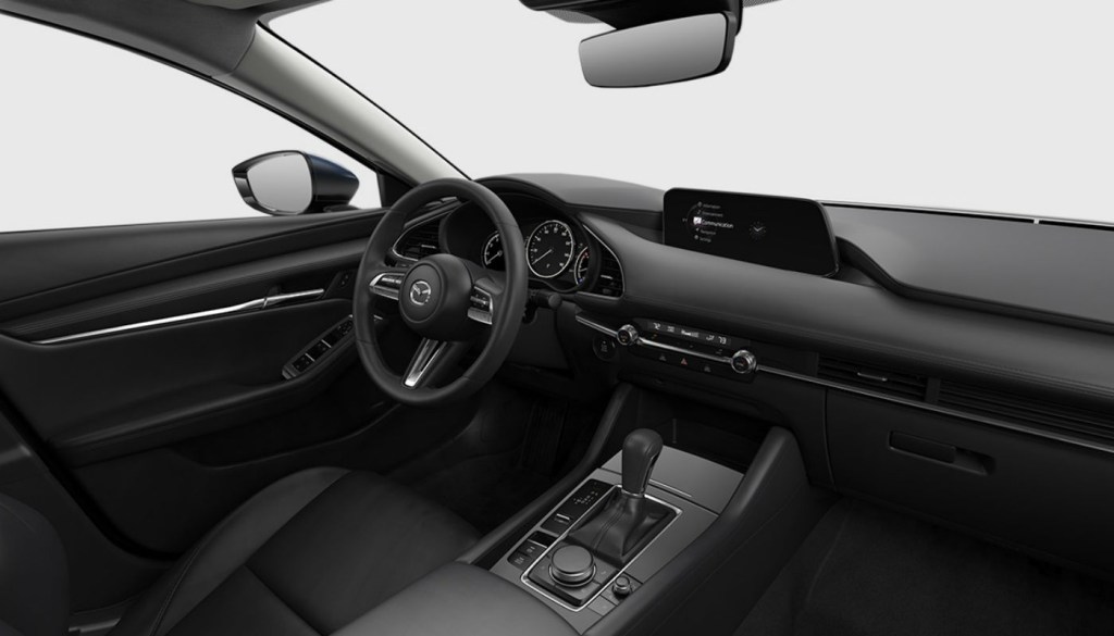 Front seats of the 2019 Mazda3 with black faux leather. 