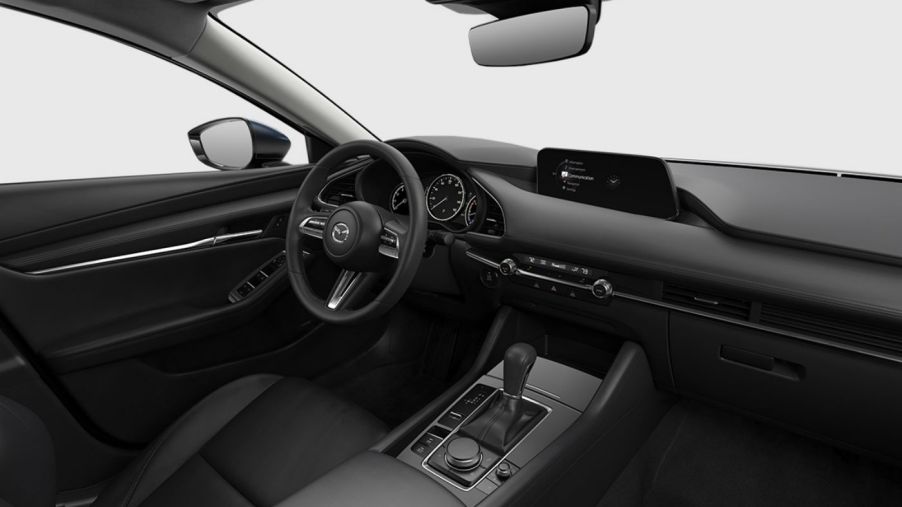 Front seats of the 2019 Mazda3 with black faux leather.