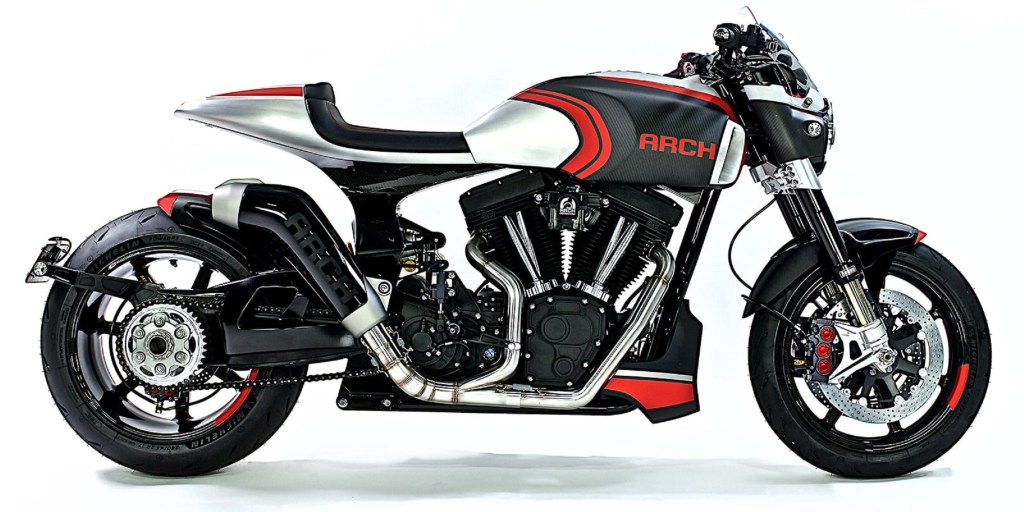The side view of a silver-black-and-red 2020 Arch Motorcycle 1S