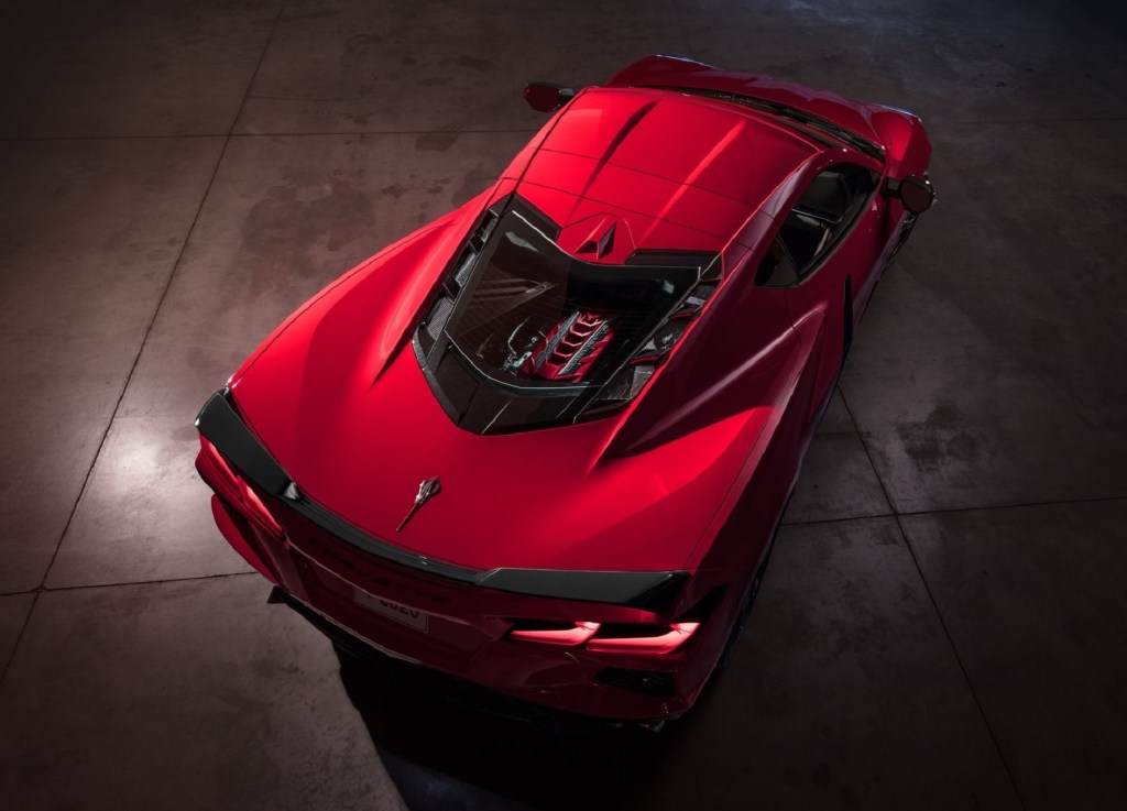 An overhead view of a red 2020 Chevrolet C8 Corvette
