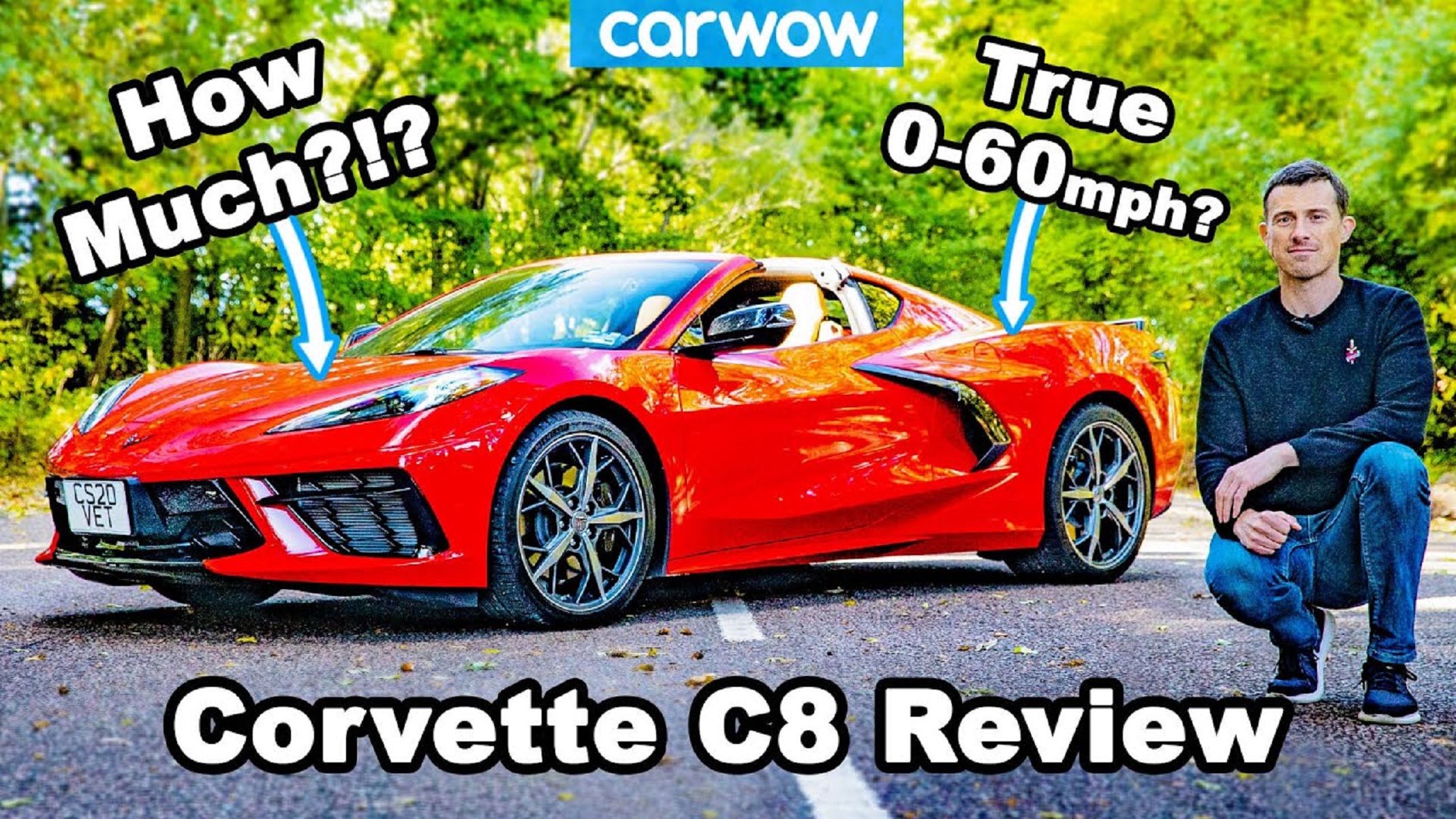 Carwow host Mat Watson with a red 2020 Chevrolet C8 Corvette