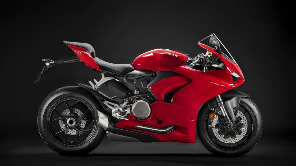 The side view of a red 2020 Ducati Panigale V2