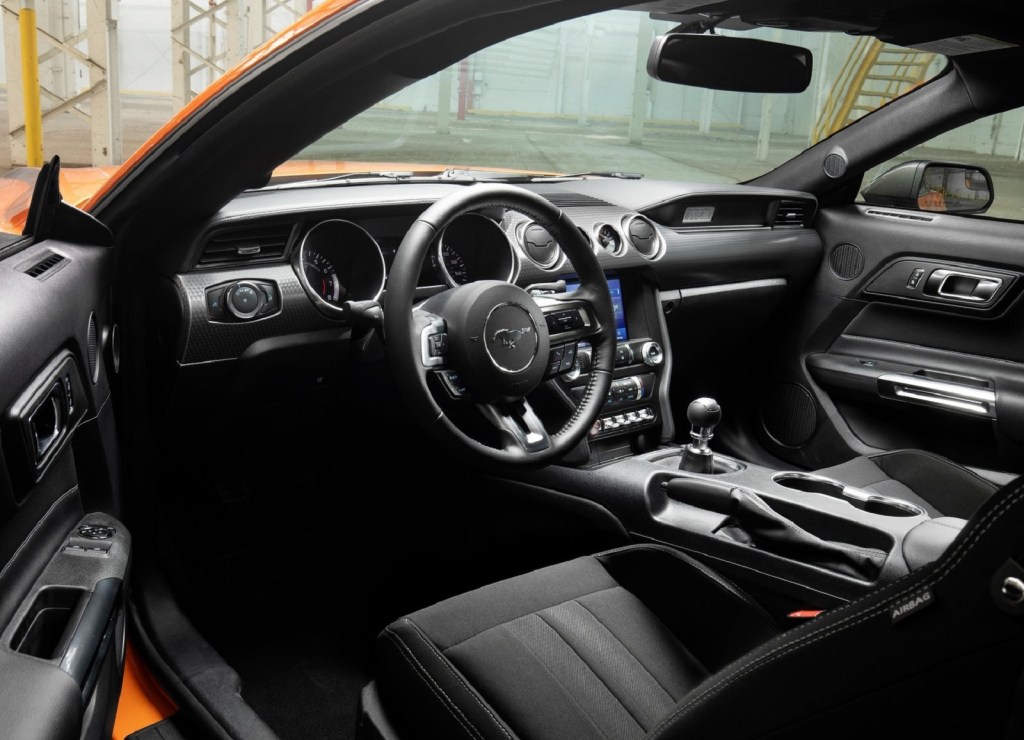 The black interior of the 2020 Ford Mustang EcoBoost High Performance Package