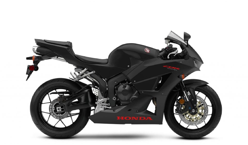 The side view of a matte-black 2020 Honda CBR600RR