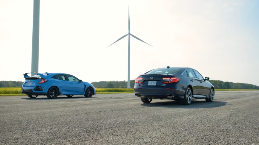 A blue 2020 Honda Civic Type R next to a dark-blue 2020 Honda Accord 2.0T Touring on a racetrack