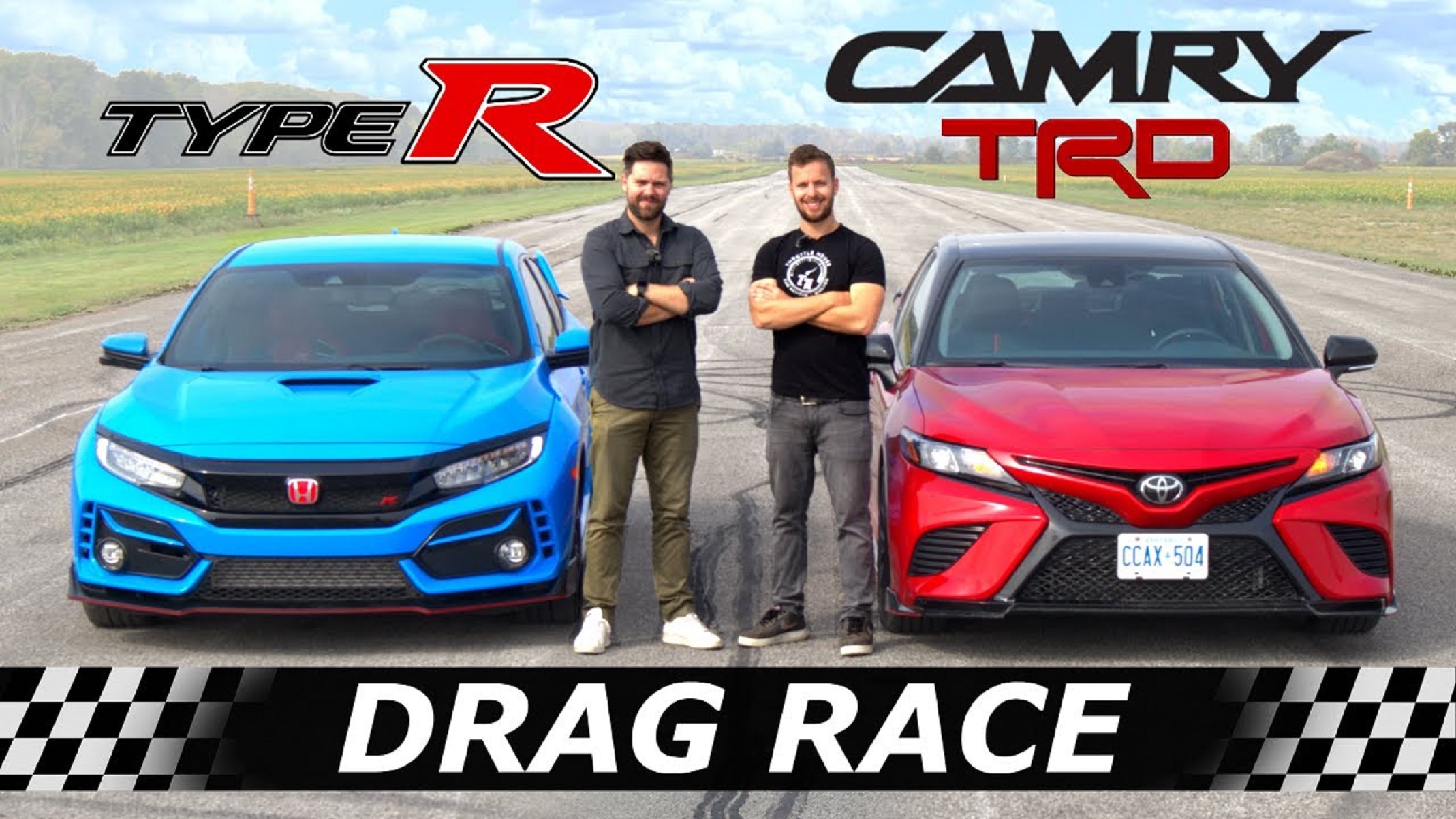 A blue 2020 Honda Civic Type R next to a red 2020 Toyota Camry TRD