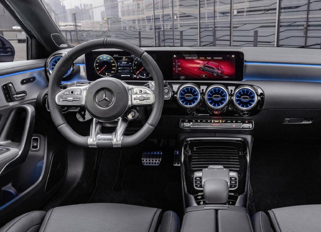 The front seats and dashboard of the 2020 Mercedes-AMG A35