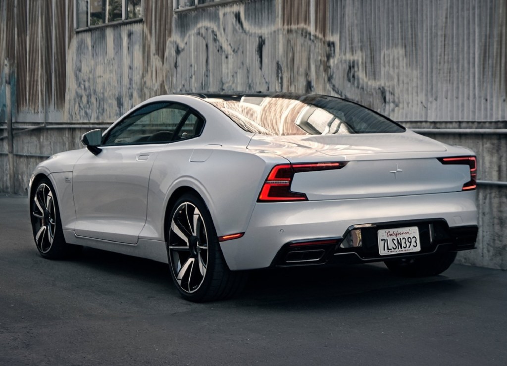 The rear 3/4 view of a white 2020 Polestar 1