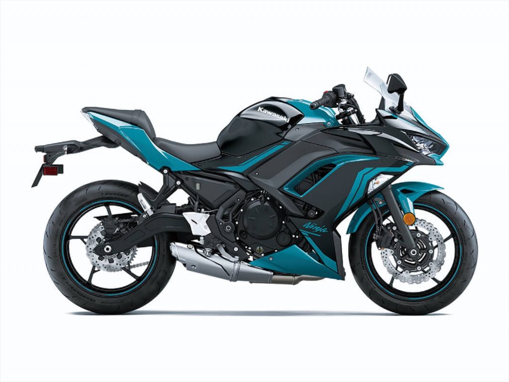 The side view of a blue-and-black 2021 Kawasaki Ninja 650