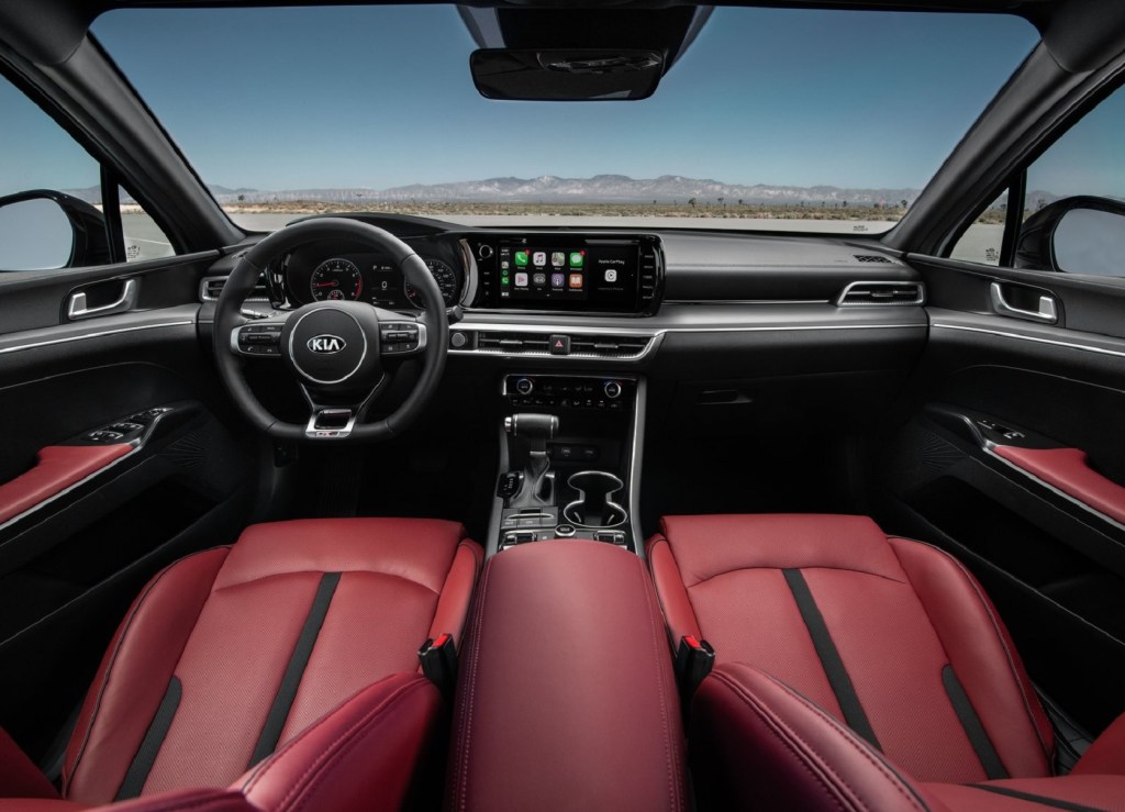 The red faux-leather interior of the 2021 Kia K5 GT-Line
