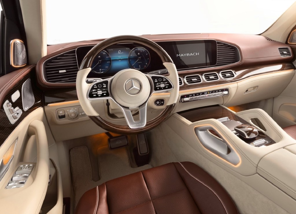 The brown-and-tan front interior of the 2021 Mercedes-Maybach GLS 600