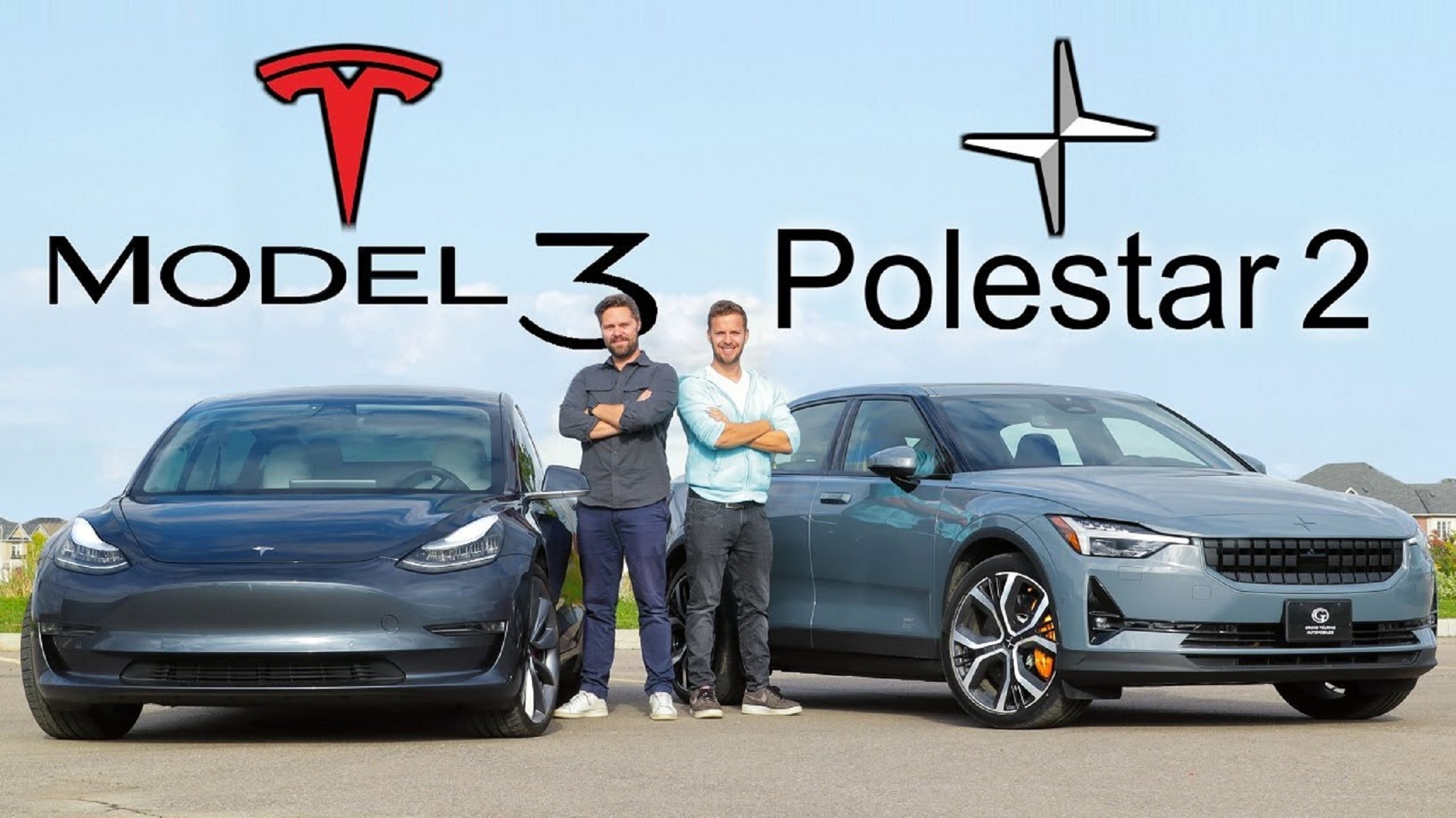 A dark-gray 2021 Tesla Model 3 next to a light-blue 2021 Polestar 2