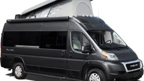 The exterior of a black 2021 Thor Motor Coach Tellaro Class B RV