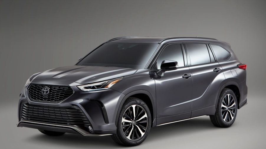 press image from Toyota for the 2021 Highlander in gray with gray background